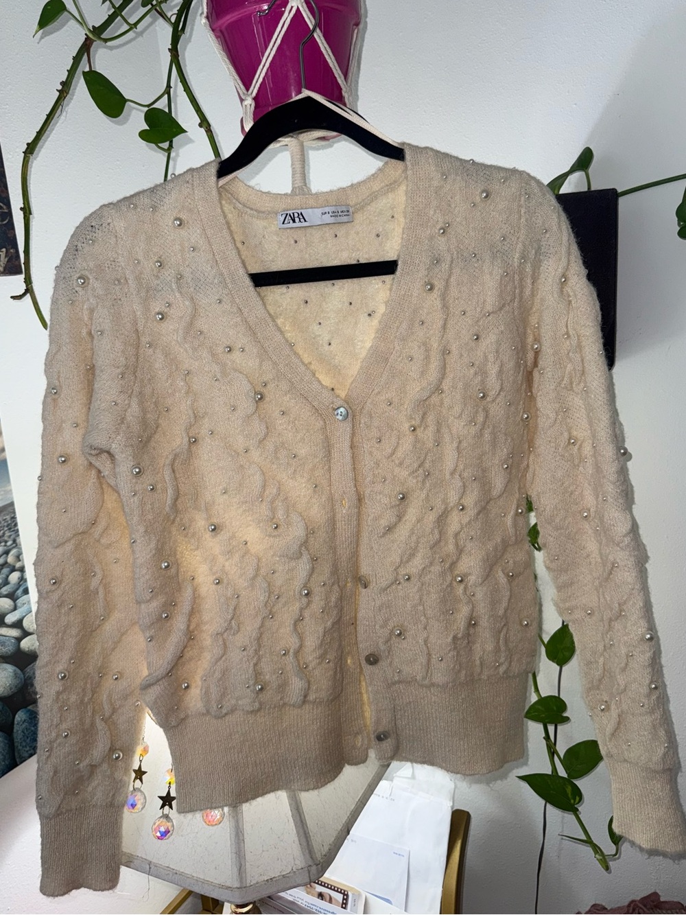 ZARA Cream Pearl-Embellished Cable-Knit Cardigan